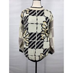 Vintage Spunky Women L Knit Sweater Floral Grid Metallic Gold Made in USA Retro